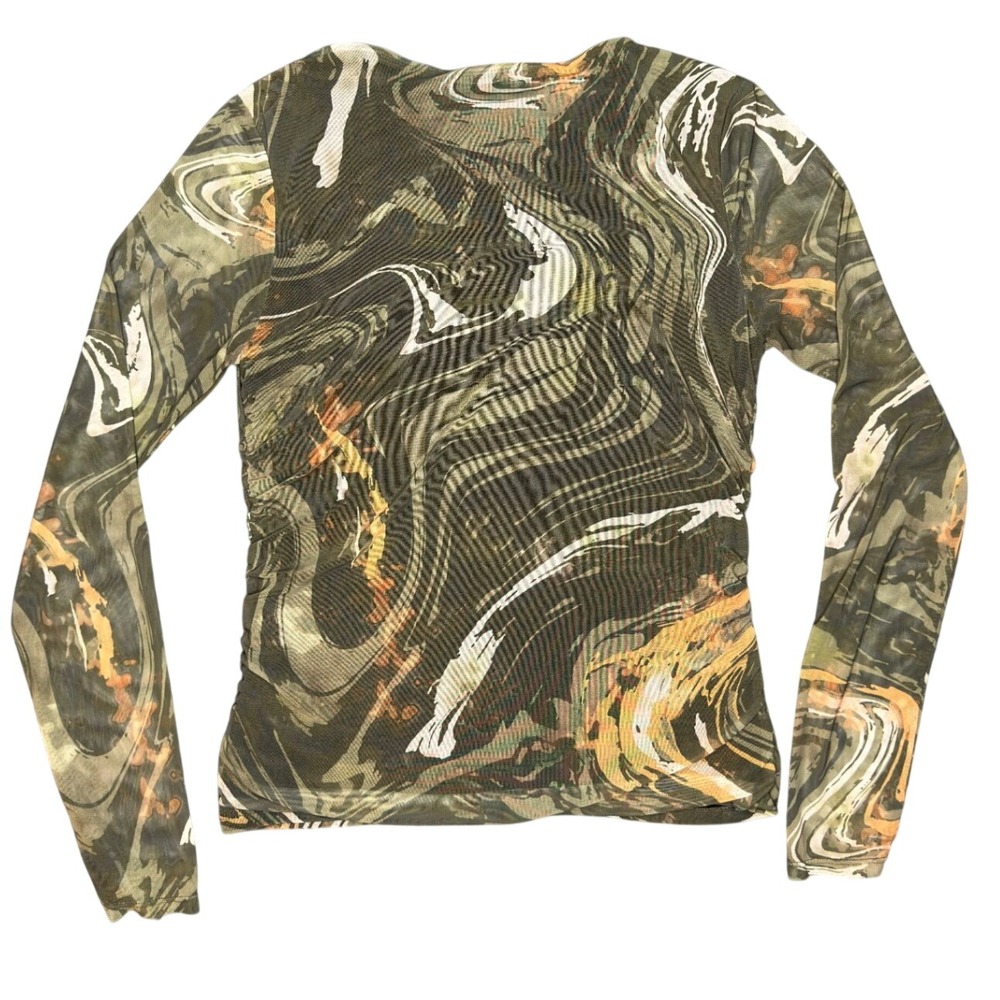Bailey 44 Mesh Top Medium Green Marble Swirl Ruched Long Sleeve V-Neck - Picture 4 of 6